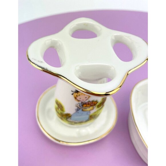 Vintage 80s bathroom 2 pieces set, toothbrush holder, soap holder, porcelain - Picture 8 of 10